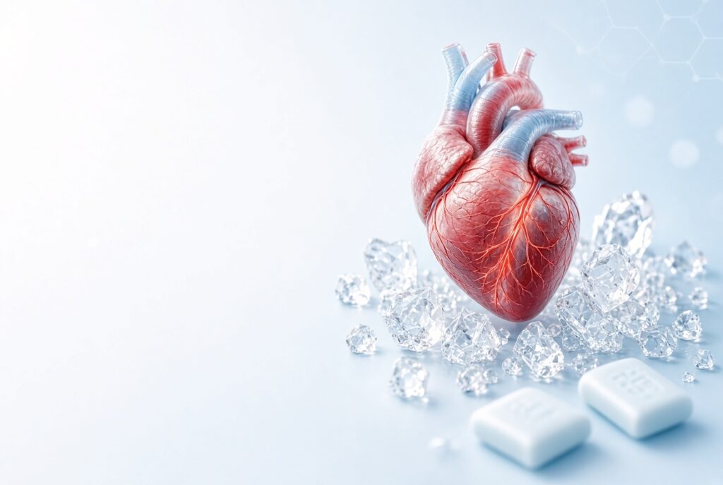 Xylitol crystals and sugar-free products linked to heart risk with anatomical heart illustration