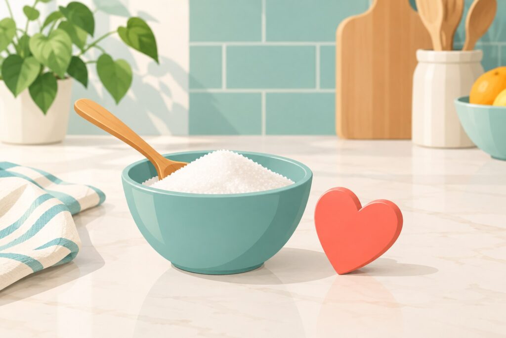 Illustration of a bowl of white sweetener crystals beside a simple heart shape
