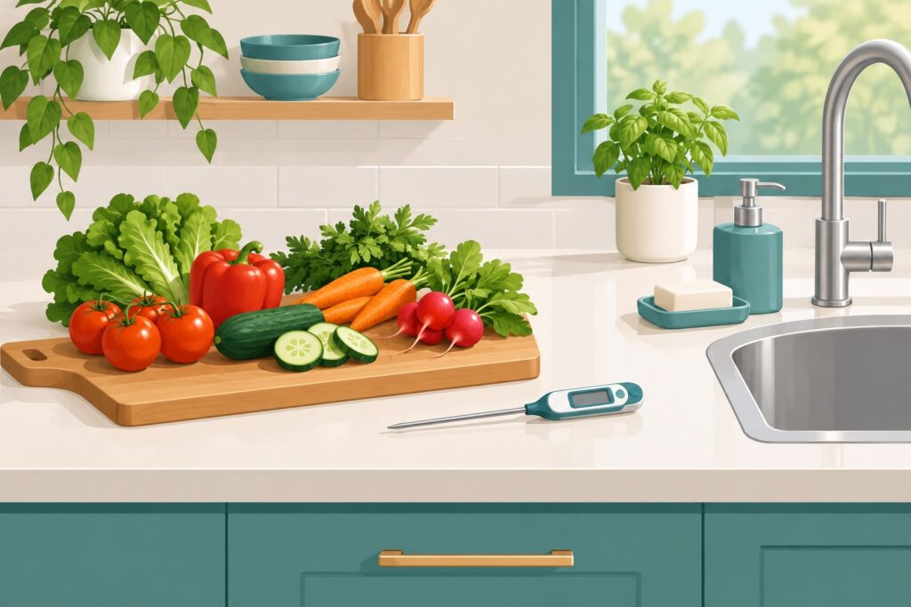 Illustration of a clean kitchen counter with a cutting board, vegetables, a food thermometer and soap