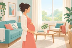 Illustration of a pregnant woman resting in a calm, bright room