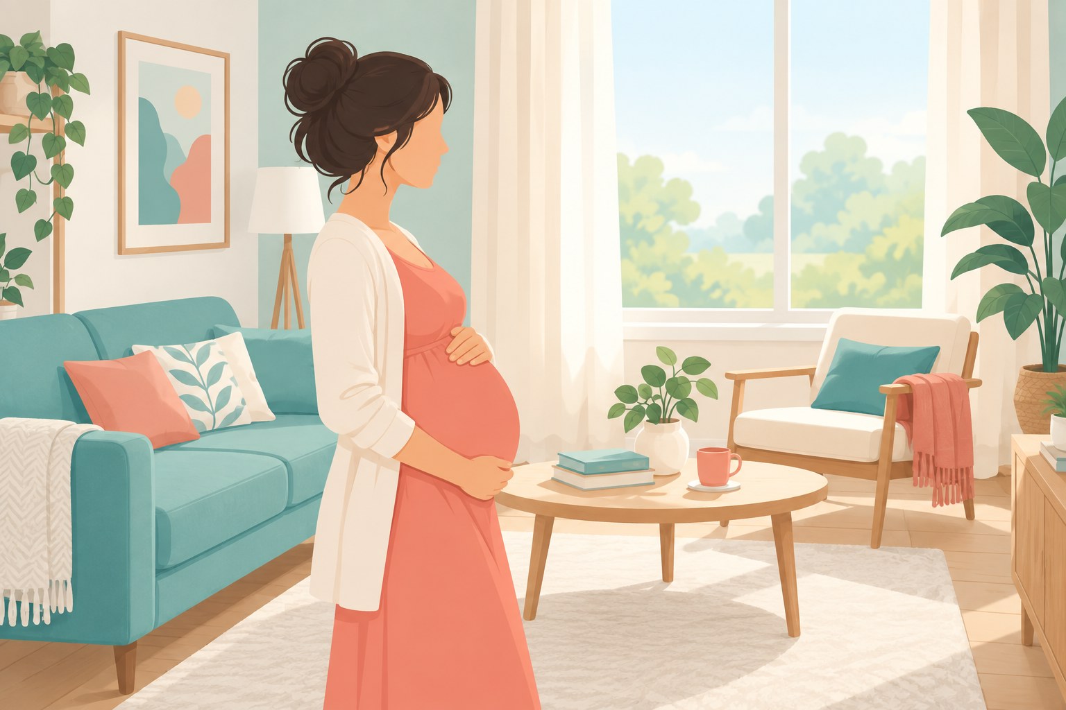 Illustration of a pregnant woman resting in a calm, bright room