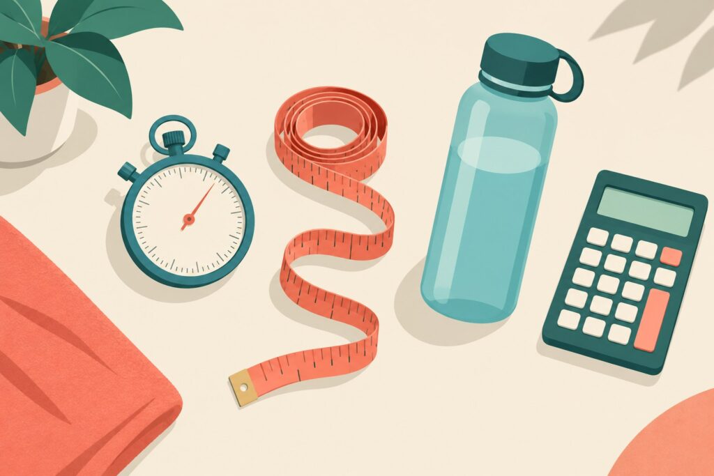 Illustration of a stopwatch, measuring tape, water bottle and calculator on a table