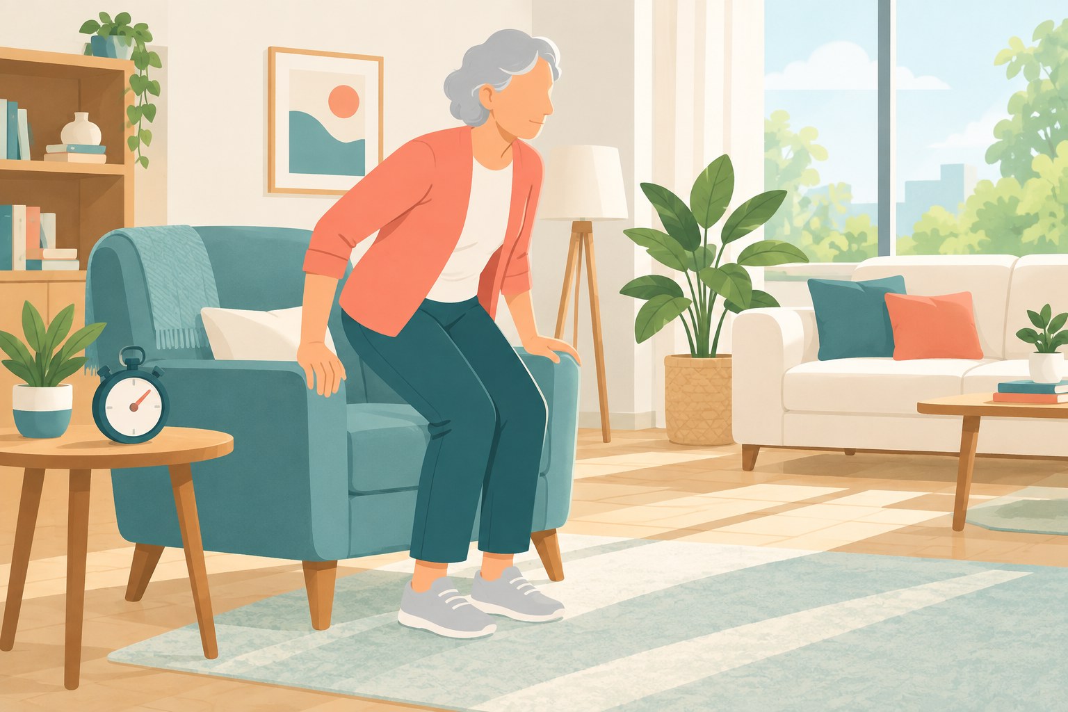 Illustration of an older adult standing up from a chair in a bright living room