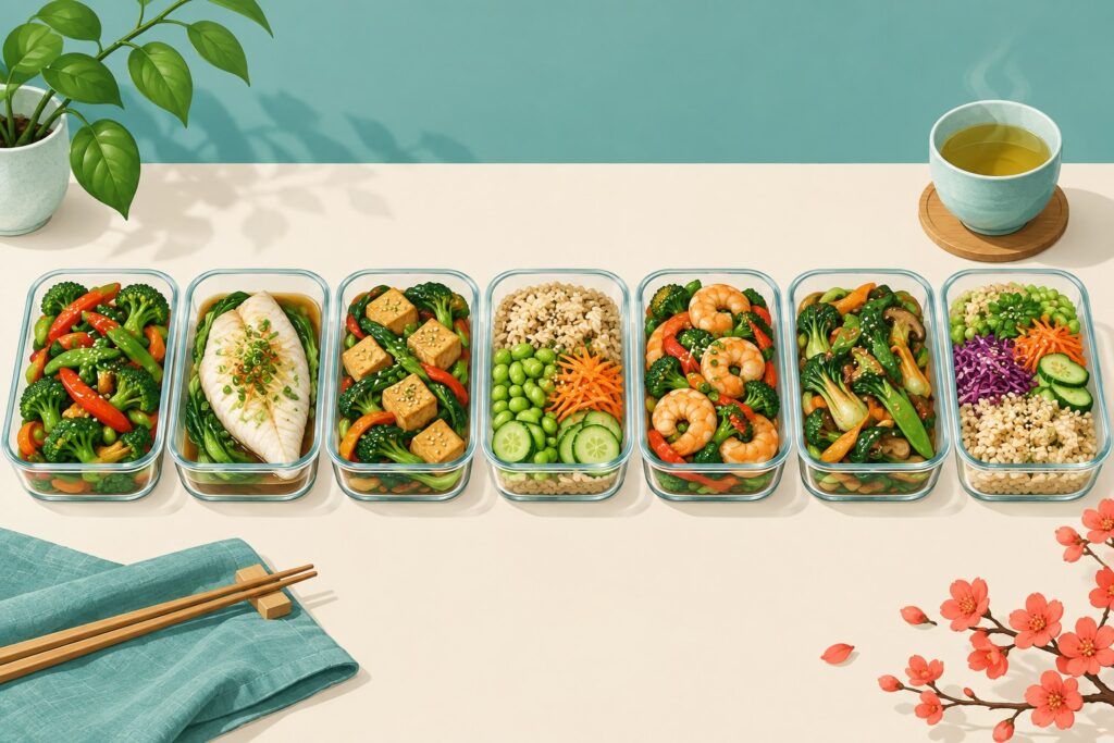 Illustration of seven meal prep containers with Chinese-inspired vegetable and rice dishes